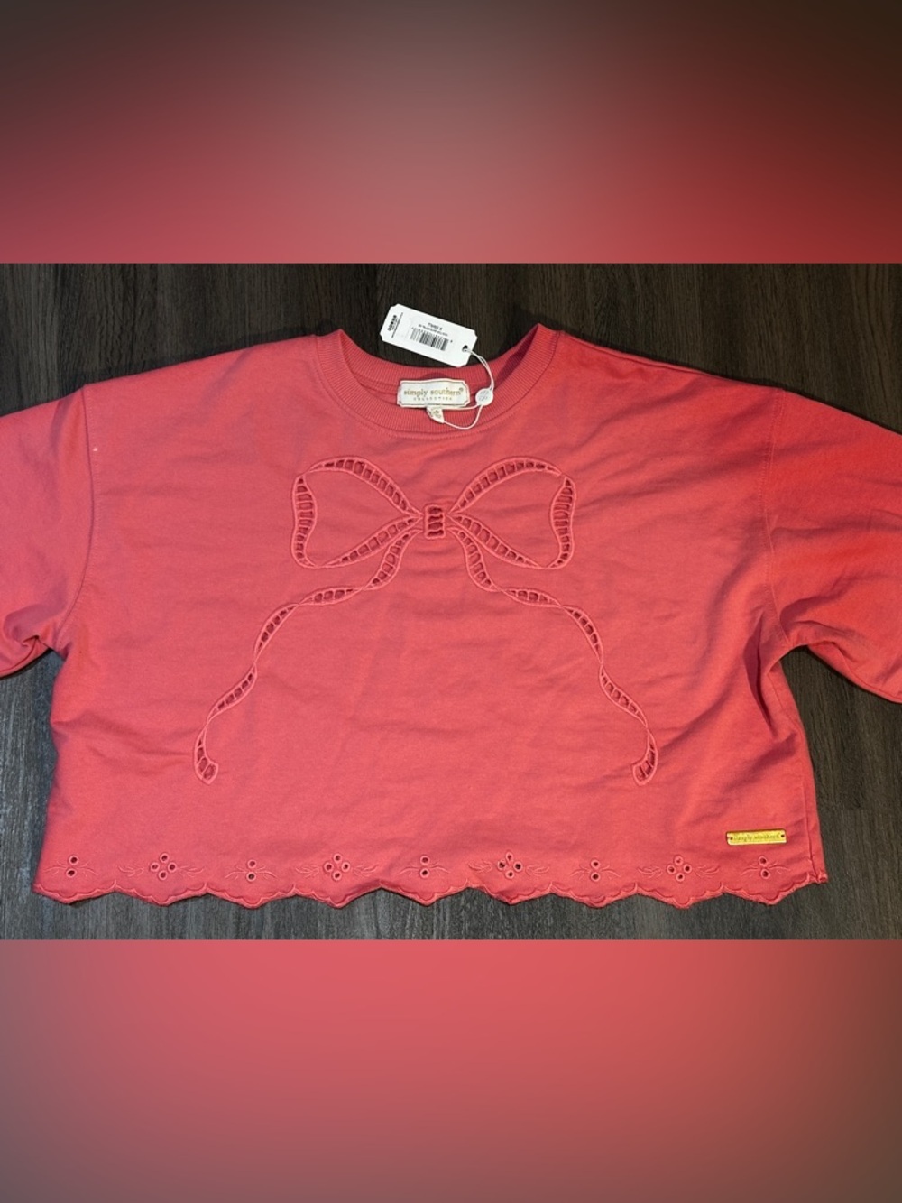 Pink Bow Embroidered Cropped Sweatshirt XS NWT Eyelet Scallop Hem - Picture 3 of 11